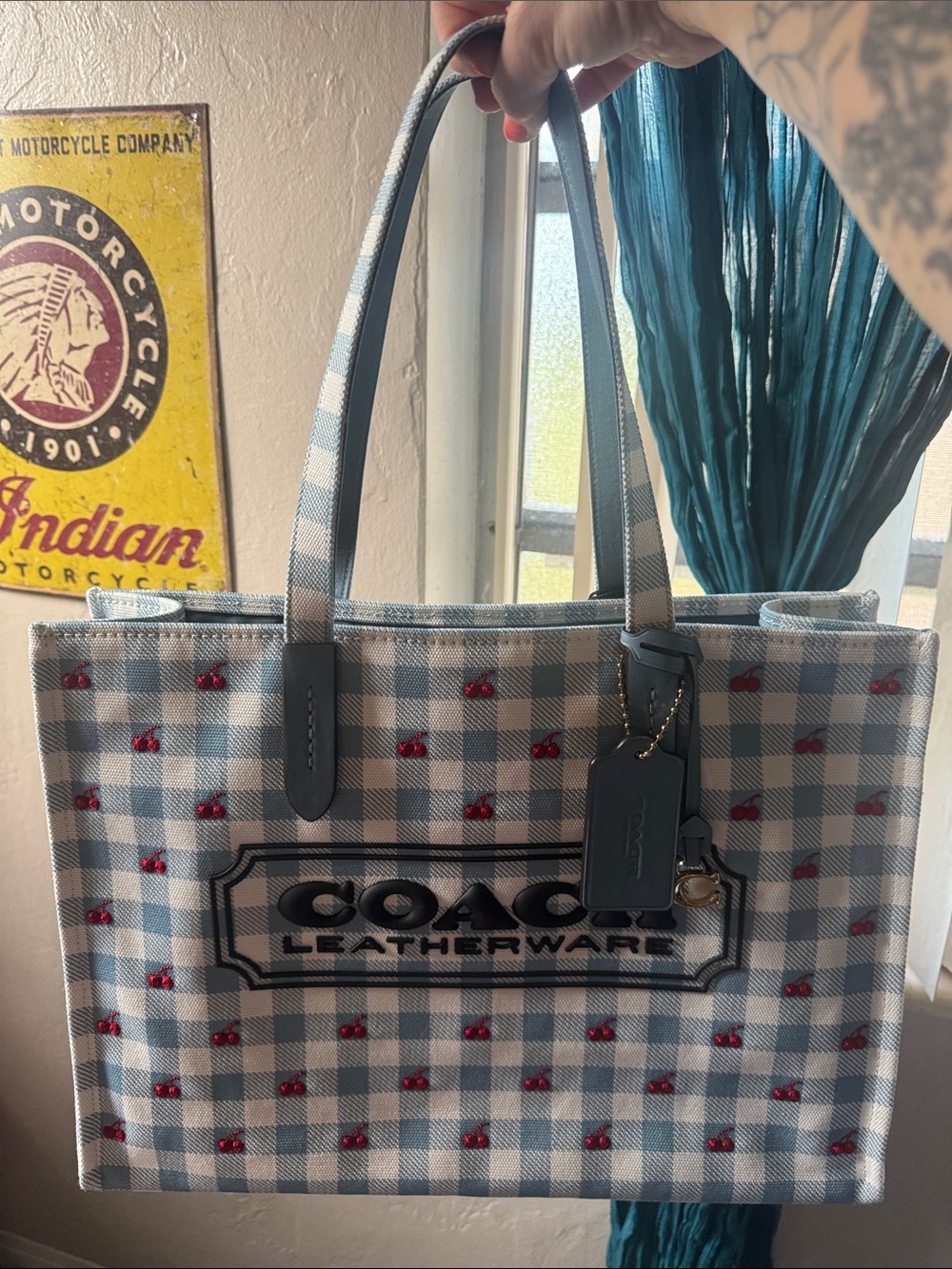 Coach Blue & White Gingham Tote with Red Cherry Accents BRAND NEW NEVER USED - Picture 6 of 16